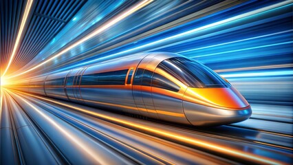Fototapeta premium Red train streaks through the city in a blur of light and motion