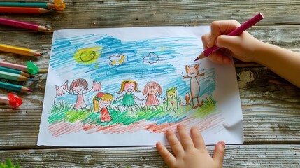 A child's hand sketching an adorable picture of children cuddling with cute animals, fostering empathy and compassion. 