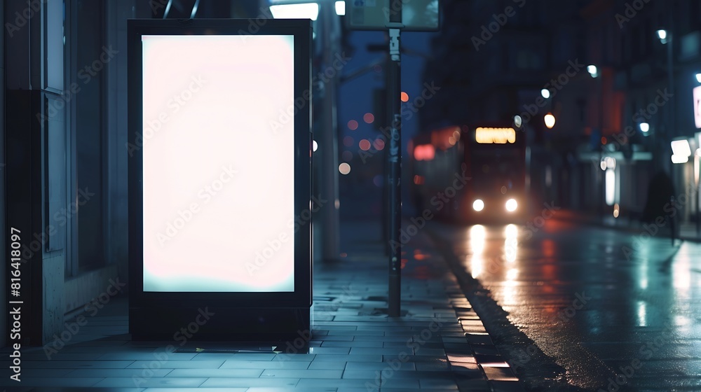 Aufkleber blank white mock up of vertical light box in a bus stop at night : generative ai