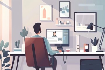 Fototapeta premium A professional is video conferencing on a computer in a clean and organized study corner. Simple and minimalist flat Vector Illustration
