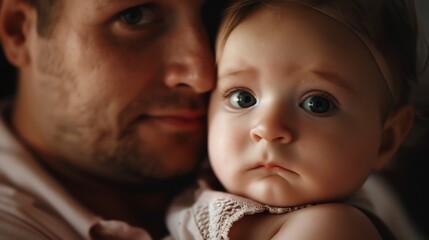 A puzzled baby girl in fathers arms looking at the camera : Generative AI
