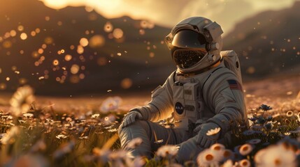Extraterrestrial Serenity: Astronaut Amidst Floral Field
