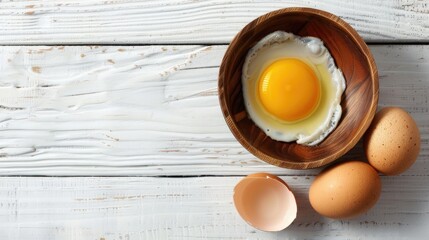 Eggs in a wooden container and yolk in a dish on a white wooden surface - Powered by Adobe