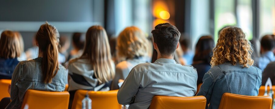 Blurred photo of the backs of students sitting in a classroom during a lecture.