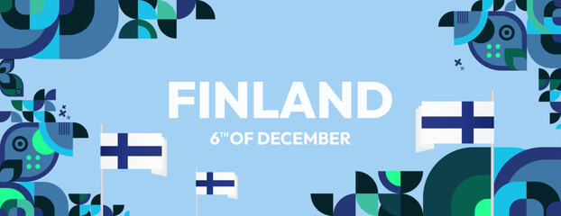 Finland Independence Day banner in geometric style. Colorful modern greeting card for National day of Finland in December. Design background for celebrating National holiday