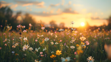 Beautiful prairie wildflower meadow at sunset, landscape photography. The meadow showed wildflowers in the style of nature at sunset