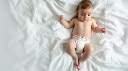 Happy newborn baby in diaper lying on white sheet grabbing feet : Generative AI