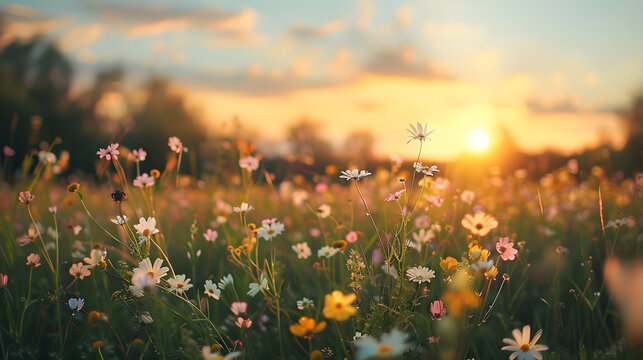 Beautiful prairie wildflower meadow at sunset, landscape photography. The meadow showed wildflowers in the style of nature at sunset - Powered by Adobe