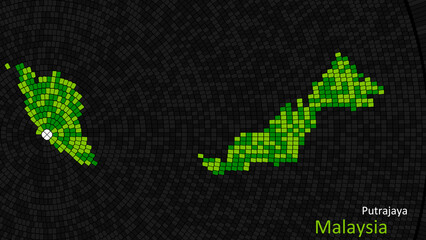 Fototapeta premium A map of Malaysia is presented as a mosaic with a dark background, and the country's borders are outlined in the shape of a colorful mosaic, centered around the capital city.