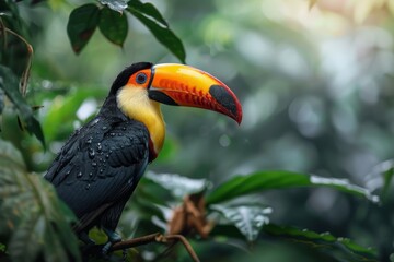 Fototapeta premium A bright renkli tucan sits on a branch in the rainforest
