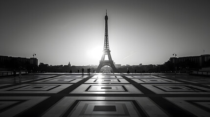 Eiffel Tower French Tour Eiffel silhouette at dawn View from Trocadero Square with geometrical marble pavement Paris France Black and white photography : Generative AI