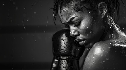A black and white photo of a female boxer, with her head bowed in defeat. She is wearing a boxing...
