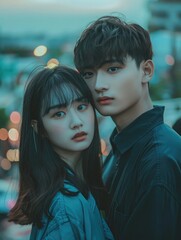 Photo of a young Asian couple, a beautiful girl with bangs and black hair wearing an outfit