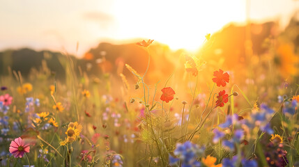 Beautiful prairie wildflower meadow at sunset, landscape photography. The meadow showed wildflowers in the style of nature at sunset