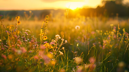 Beautiful prairie wildflower meadow at sunset, landscape photography. The meadow showed wildflowers...
