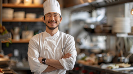 Smiling Asian male chef wearing clean white chef uniform standing confidently with folded hands inside blurred modern kitchen