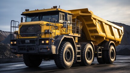 Obraz premium A close-up shot of a large yellow mining truck for transportation in anthracite coal mining.