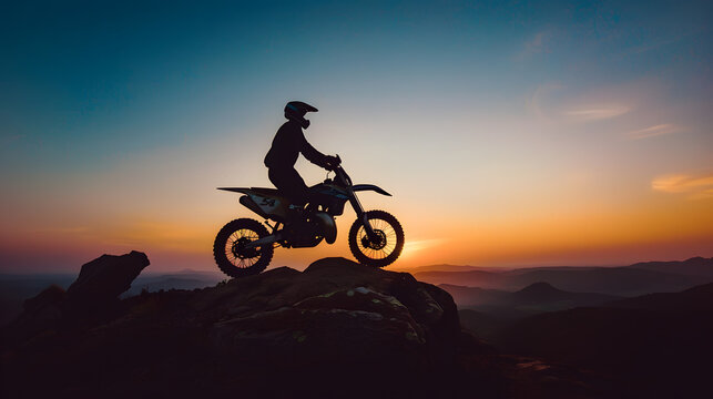Man with motocross bike against beautiful lights silhouette of a man with  motocross motorcycle On top of rock high mountain at beautiful sunset enduro motorcycle travel concept : Generative AI