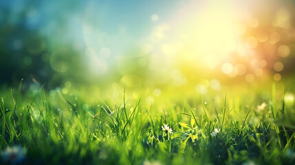 Obraz premium Beautiful spring background with fresh green grass and blue sky. Abstract natural summer landscape. Blurred sunny meadow