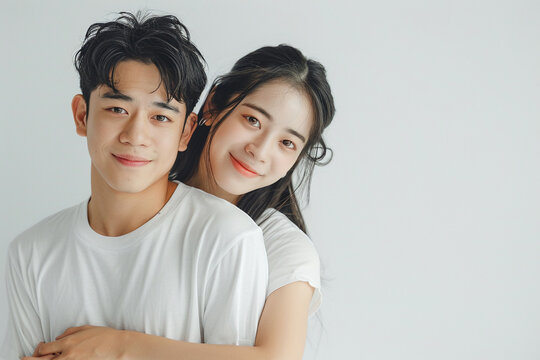 Young Asian couple in white shirt hug love full body on white background.
