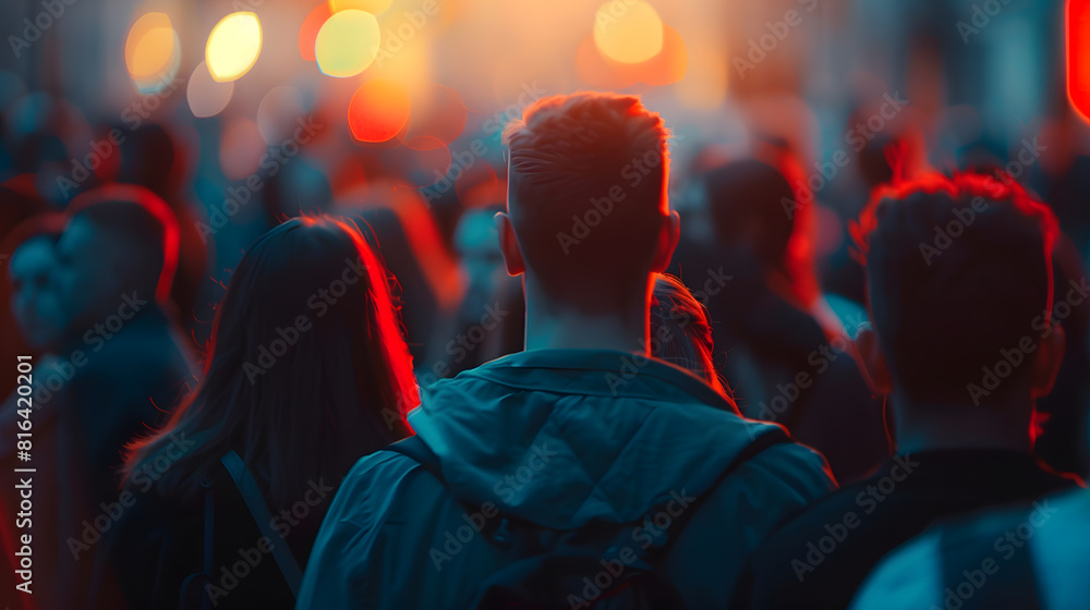 Poster blurred crowd of unrecognizable at the street : generative ai