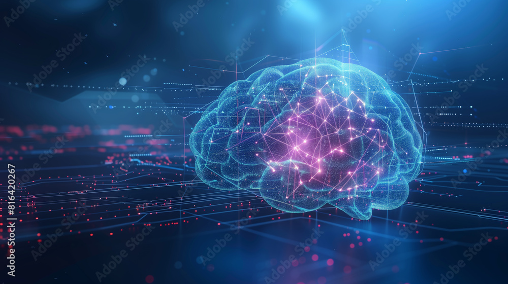 Poster a brain is shown in a computer screen with a blue and purple color. the brain is surrounded by a net