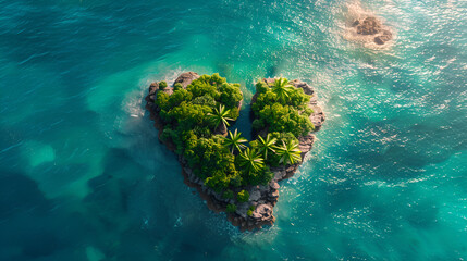 heart-shaped island in the ocean with palm trees, An island in the ocean with heart-shaped palm trees, Heart-shaped island. Generative AI