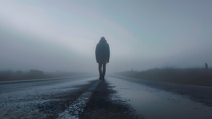 Man walking away on misty road : Generative AI
