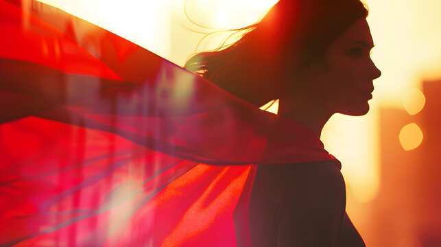 Abstract silhouette portrait of young hero woman with super person red cape guard city : Generative AI