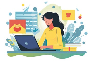 A social media manager is scheduling posts on a laptop in a chic and organized study area. Simple and minimalist flat Vector Illustration