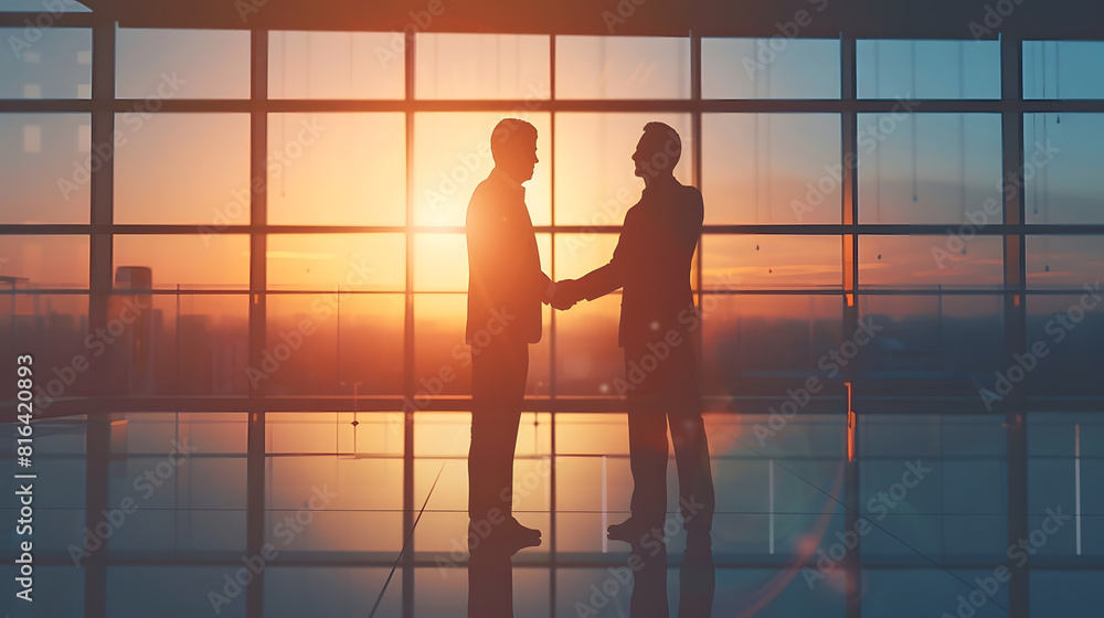 Aufkleber Silhouette of two businessmen handshaking together while standing near window with dusk sunlight background : Generative AI