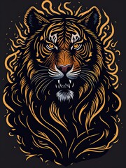 Cosmic Tiger Drawing Exploring the Mysteries of the Universe. Cosmic Tattoo Design. Suitable for T-Shirt Design Inspiration.
