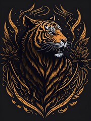 Tribal Tiger Drawing with Maori Patterns and Tribal Markings. Tribal Tattoo Design. Suitable for T-Shirt Design Inspiration.
