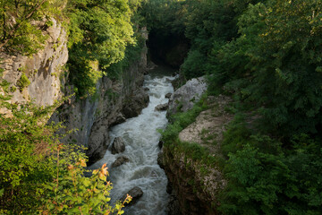 Obraz premium A picturesque natural corridor in a limestone formation laid by the course of the Belaya River - Khadzhokhskaya Gorge (Kamennomost Canyon) on a summer day, Kamennomostsky, Republic of Adygea, Russia
