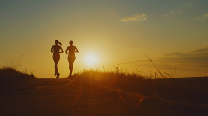 Silhouette of two person running on road go to dream Fitness runner outdoor with sunset background : Generative AI
