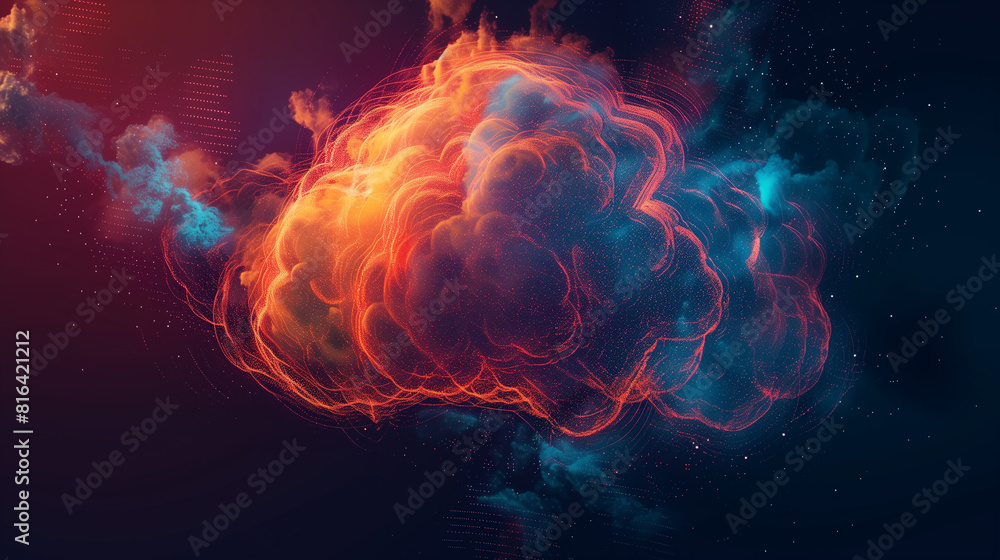 Poster a brain is shown in a computer screen with a blue and purple color. the brain is surrounded by a net