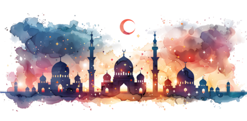 A flat illustration of Ramadan, of pink and orange against an isolated on white and transparent background with a crescent moon and stars above them