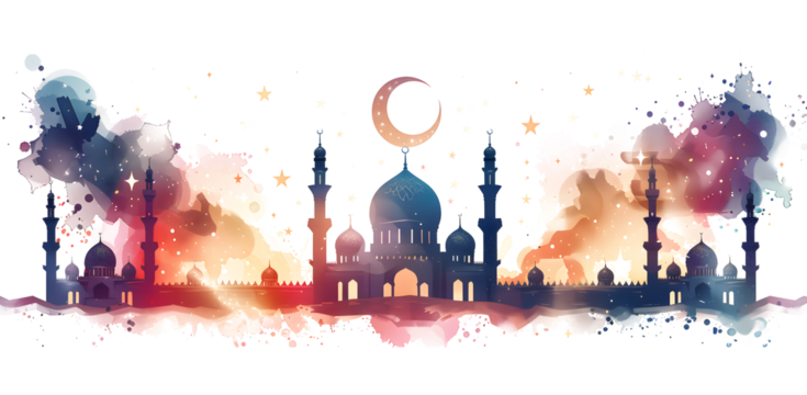 A flat illustration of Ramadan, of pink and orange against an isolated on white and transparent background with a crescent moon and stars above them