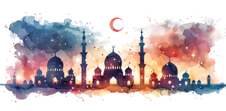 A flat illustration of Ramadan, of pink and orange against an isolated on white and transparent background with a crescent moon and stars above them