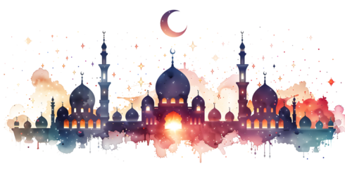A flat illustration of Ramadan, of pink and orange against an isolated on white and transparent background with a crescent moon and stars above them