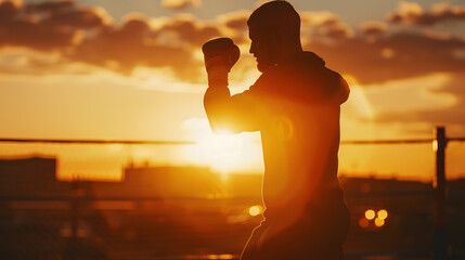 A man in a sweatshirt trains in boxing at the stadium at sunset Athlete silhouette : Generative AI