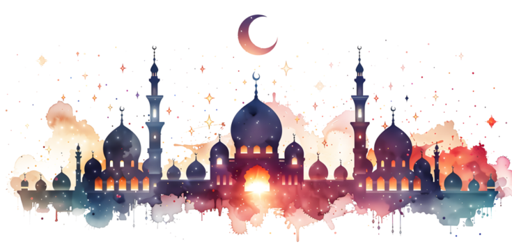 A flat illustration of Ramadan, of pink and orange against an isolated on white and transparent background with a crescent moon and stars above them - Powered by Adobe