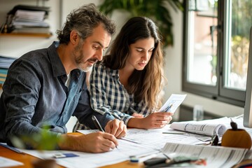 An architect and engineer collaborate at their office, analyzing construction blueprints. They're intensely focused, making notes and discussing the design elements for an upcoming project.