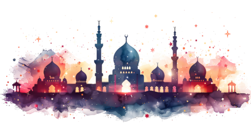 A flat illustration of Ramadan, of pink and orange against an isolated on white and transparent background with a crescent moon and stars above them