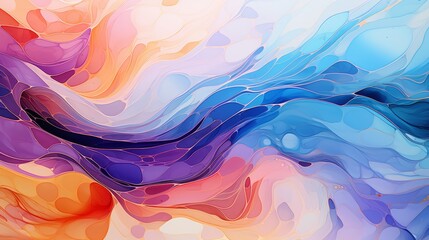 The image is an abstract painting. It has a light purple background. There are blue, orange and...