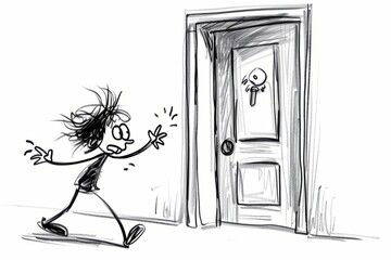 Cartoon cute doodles of a clumsy person getting their sleeves caught on a doorknob as they walk by, Generative AI