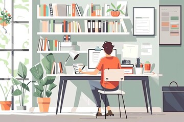 A teacher is preparing lesson plans at a table in a clean and organized study nook. Simple and minimalist flat Vector Illustration