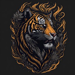 Lunar Tiger Drawing Basking in the Glow of the Full Moon. Lunar Tattoo Art. Suitable for T-Shirt Design Inspiration.
