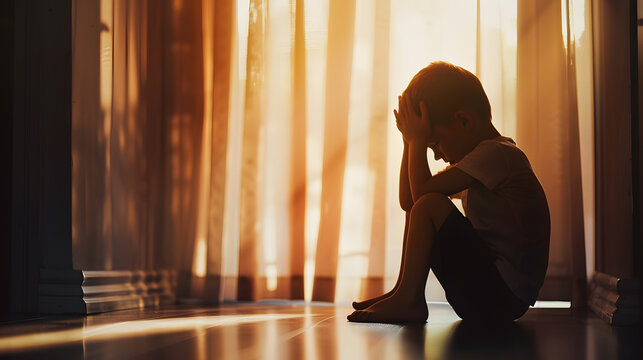 Sad child suffering from depression sitting alone in corridor feeling loneliness Scared fearful small boy covering face in silhouette at home : Generative AI