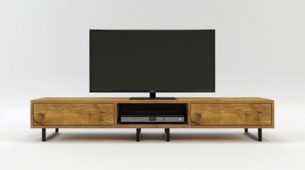 Minimalist TV Stand with clean lines and a simple structure, designed to hold electronics and media